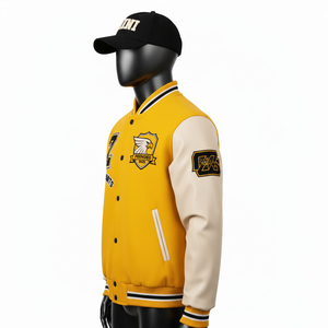 Veste universitaire en mélange de laine de qualité supérieure 480 GSM manches en cuir PU souple jaune crème Logo personnalisé broderie veste universitaire pour hommes - Product Image 5