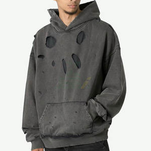 Sweat-shirt en coton 100% tricoté délavé, noir, coupe ample, épaules tombantes, streetwear décontracté, grande taille pour homme - Product Image 1