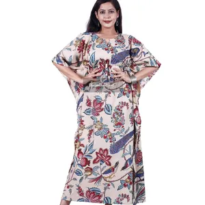 Elegante Bloemenprint Kaftan Dames Katoenen Kaftan Zomer Strandkleding Jurk Lange Maxi Jurk Bruidsmeisje Cadeau