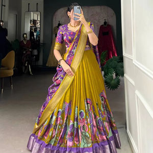 Lehenga Choli Tradicional de Seda Dola Kalamkari Amarillo Mostaza, Estilo Audaz y Herencia, Largo hasta el Suelo, Secado Rápido, Especial para Festivales - Product Image 1