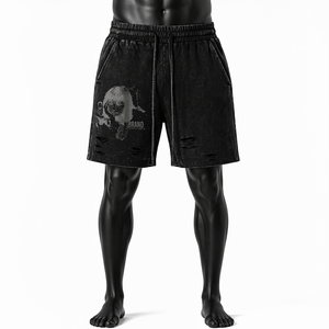 Pantalones Cortos Personalizados para Hombre, Estilo Urbano, Negros con Diseño Gráfico, Lavado Vintage, Desgastados, Casuales, Mezcla de Algodón, OEM ODM - Product Image 1