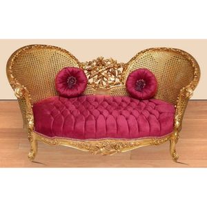 Lussuoso divano con accento francese Chesterfield intagliato a mano con struttura in mogano oro tappezzeria in velluto rosso personalizzabile a due posti - Product Image 1