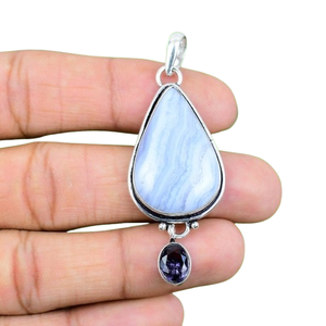 925 argent Sterling bleu dentelle Agate pierres précieuses pendentif bijoux à la main en argent Boho Style pendentif bijoux pour femmes cadeau de mariage - Product Image 1