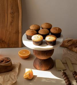 Luxury <b>White</b> Marble Cake Stand With Spherical <b>Wooden</b> Base Modern Dessert Pedestal Round Pastry Serving <b>Tray</b> for High End Events - Product Image 4