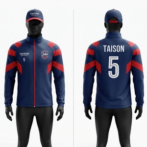 Veste d'entraînement de football unisexe, polaire premium 330 GSM, à capuche, bleu marine avec empiècements rouges, logo personnalisé sur le devant, imperméable, séchage rapide - Product Image 1