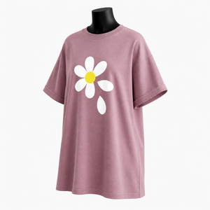 Camiseta de Algodón Oversize para Mujer, Cuello Redondo, Manga Corta, Estampado Floral, Corte Holgado, Primavera Verano, Tela Jersey - Product Image 3