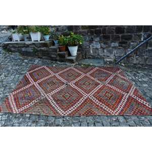 Tapis en Latex de Laine Turque Vintage 5.9 X 8.2ft Motif de Patchwork Traditionnel Rouge Vert pour Décor de Couloir de Salon - Product Image 4