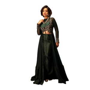 Conjunto de Chaqueta Drapeada Verde Esmeralda, Traje Indo-Occidental de 3 Piezas para Mujer - Product Image 3