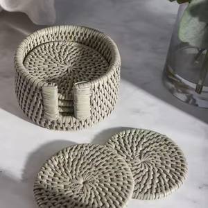 Handmade Natural Rattan <b>Coasters</b> <b>Set</b> of 6 with Holder Reusable Round Woven <b>Placemats</b> <b>and</b> Mats & Pads - Product Image 3