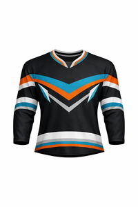 Jersey de Hockey sobre Hielo para Hombre, Negro, Naranja y Azul a Rayas, Manga Tres Cuartos, Cuello en V, Absorbe la Humedad, Sublimado - Product Image 2