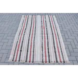 Tapis rayé en laine blanc et rouge traditionnel Vintage 9x12 Rectangle Patchwork motif pour salon décor Latex soutenu - Product Image 1