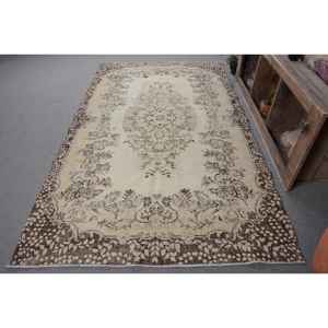 พรมตุรกีวินเทจ5.4 x 9.5ft เบจสีน้ำตาลสานแบบแบนมีลวดลายปะติดสำหรับตกแต่งห้องนั่งเล่นห้องโถงยางพาราด้านหลัง - Product Image 1