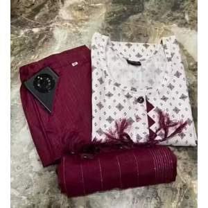 Women Khadi Cotton Printed White Kurta with Striped Maroon Pant and Maroon Dupatta Set Stylish Ethnic Wear for Best Price - Product Image 4
