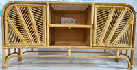 Table console en rotin naturel fabriqué à la main avec étagères et portes décoratives-Meuble de rangement tissé rustique