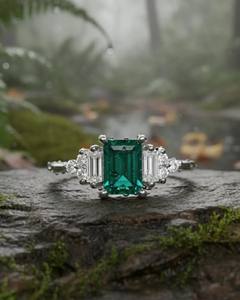 Bague en émeraude de culture verte taille émeraude, argent sterling 925, pierres latérales blanches AD, bijoux élégants pour femmes, émeraude de culture - Product Image 4