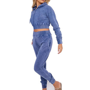 2 Piece <b>Set</b> Acid Wash Casual Tracksuit For Women Comfortable Custom Logo Women Acid Wash Tracksuit Wholesale - Product Image 3