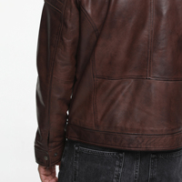 Veste moto en cuir véritable marron pour homme, col montant, fermeture éclair, coupe classique, pour l'automne