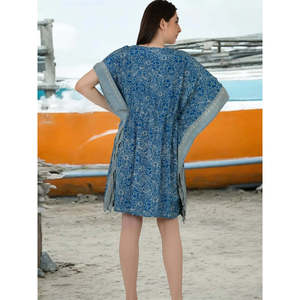 Blue Gold Floral Silk Short <b>Kaftan</b> #1629 Stylish SwimSuit Cover Ups - Product Image 2
