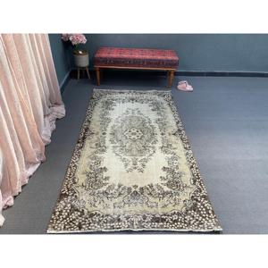 Turkish Rug, 3.8x7 ft Vintage Rug, <b>Brown</b> Beige Striped <b>Wool</b> Rug - Product Image 5