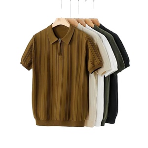 Nuevo estilo Patrón vertical de punto de manga corta con media cremallera Verano Slim-Fit Simple Transpirable Polo de hombre - Product Image 1