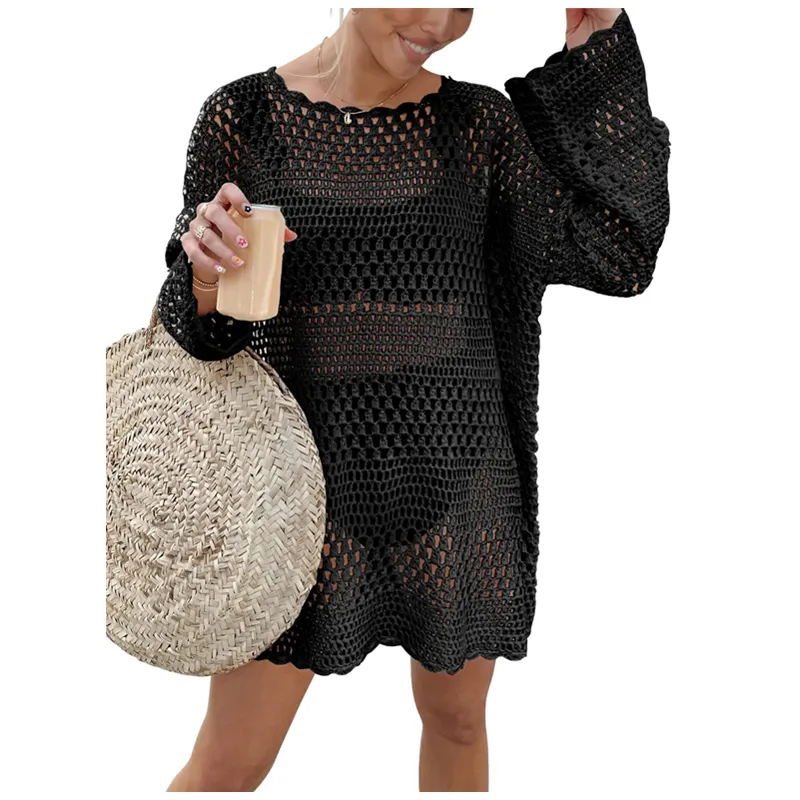 2024 Crochet Hollow Out traje de baño mujer algodón de talla grande con Coverup traje de baño cubrir Bikini tejido malla túnica Vestido de playa