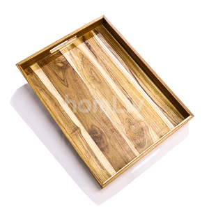 Plateau de service rectangulaire en bois de teck naturel avec poignées découpées, plateau décoratif halal pour restaurant et hôtel - Product Image 2