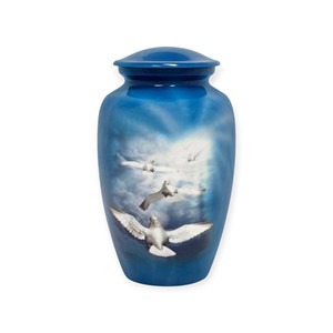 Urna Funeraria con Diseño de Paloma Azul Pacífica y Palomas Blancas en Vuelo, Símbolo de Libertad, Esperanza y Descanso Eterno - Product Image 1