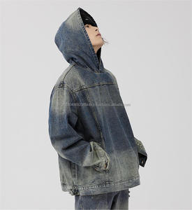 Sudadera con Capucha Estilo Denim Desgastado para Hacerla Parecer Vieja, Abrigo Holgado para Hombre, Moda Urbana - Product Image 6
