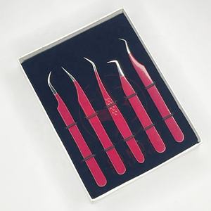 Pinzas de pestañas de grados personalizados al por mayor punta de fibra roja herramientas de belleza de acero inoxidable para extensión de pestañas - Product Image 6