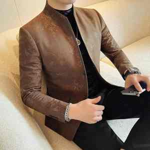 Blazer pour homme de haute qualité, simple boutonnage, 100% coton, décontracté chic, col montant, coupe ajustée - Product Image 4