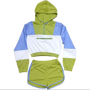 Waterproof Polyester Hooded Collar Half Zipper Spring Summer 2 Piece Set Block Print Outdoor Windbreaker Shorts Set Plus Size - Product Image 1