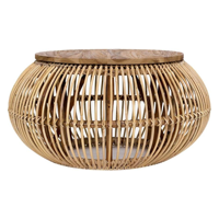 Table basse ronde en rotin naturel artisanal avec plateau en bois - Design unique en cage tressée