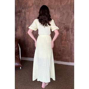 Yellow Wrap-Neck <b>Muslin</b> Linen <b>Dress</b> - Yellow - Product Image 5