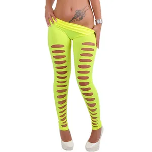 Leggings sexis rasgados para mujer, ahuecado Pantalón elástico, bragas ajustadas con agujero abierto, mallas de Stripper Club, ropa de calle negra y naranja - Product Image 2