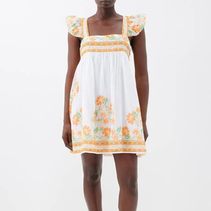 Robe décontractée mi-mollet à imprimé floral orange, col en V, manches courtes, coupe trapèze, en jersey, écologique, lavable, grandes tailles - Product Image 1