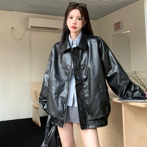 Veste en cuir véritable pour femmes American Vintage Solid Color Pu Loose Casual Versatile Outwear Highstreet Streetwear - Product Image 5