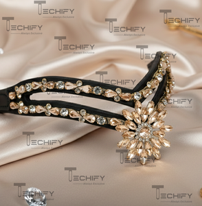 Bride de luxe en cuir noir faite à la main avec bandeau de tête de cheval en cristal double rangée, centre de table en fleurs or champagne, accessoire de bride en forme de V - Product Image 4