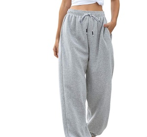 Women Gray Harem <b>Pants</b> Mid Waist Drawstring Loose Fit Full Length Casual Solid Color Cotton Fleece Breathable Autumn Wear - Product Image 5