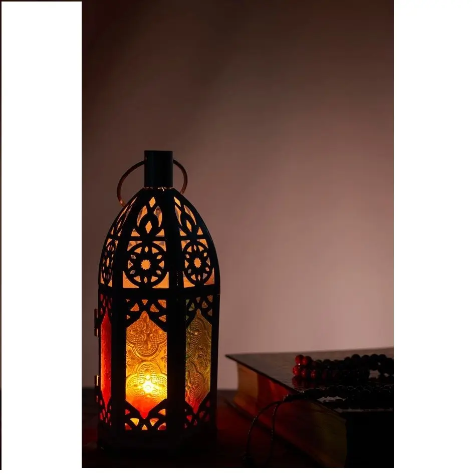 Lanterne marocaine avec lumières féeriques en verre ambre, cadre métallique noir, lumières de Ramadan Fanoos, décorations et centre de Table de mariage