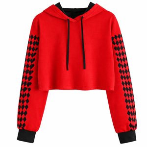 Sudadera con Capucha Corta Personalizada de Estilo Nuevo para Mujer, Color Negro y Rojo, Mangas con Diseño de Diamantes, Sudadera con Capucha Informal - Product Image 4