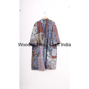 Vêtement de nuit long en coton biologique vintage pour femmes, robe kimono matelassée Kantha, fabrication artisanale, mode indienne pour les festivals, veste confortable - Product Image 2