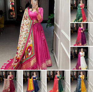 BANDHEJ EN SOIE GAJI DESIGNER ÉLÉGANTE POUR FEMMES-TRAVAIL IMPRIMÉ PATOLA LEHENGA CHOLI - Product Image 6