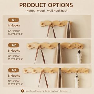 Natural Wood <b>Wall</b> Hook Rack Wooden Coat Hanger Entryway Storage <b>Shelf</b> Bathroom Organizer 4 6 8 Hooks - Product Image 6