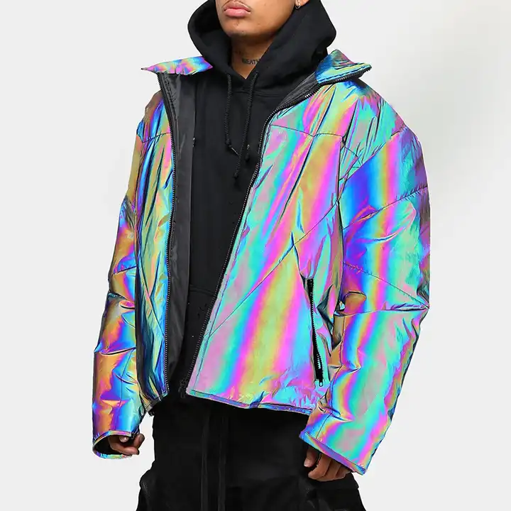 Glow Rainbow Custom Hip Hop Black Reflective Jacket for men and women,2020  new fabric safety jacket (XL, black rainbow) 