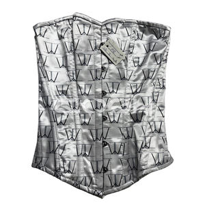 Corset surbuste personnalisé en satin argenté avec inscription imprimée |   Fabricant de Corsets de Luxe à Baleines en Acier pour la Vente en Gros - Product Image 1
