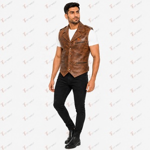 Gilet de motard pour homme Tiierwear en similicuir marron, double boutonnage, col rabattu avec fermetures éclair, logo avant, vêtement d'extérieur pour l'automne - Product Image 2
