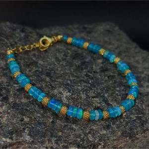 Blue Ethiopian <b>Opal</b> Tennis <b>Bracelet</b> Trendy Religious Gold Plated Zinc Alloy Bangles with Diamond and Pearl Gift - Product Image 1