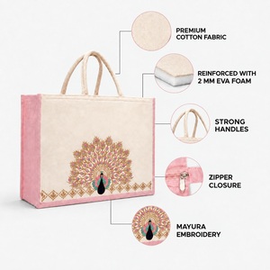 Peacock Motif Embroidered Eco-Friendly Cotton <b>Gift</b> <b>Hamper</b> Tote with Zip 15x12x5 Inch - Product Image 3