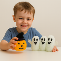 Pafu mainan Squishy menyala Halloween, mainan labu menyala putih lembut Squishy menyala berkedip hantu