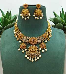 Conjunto de collar de templo chapado en oro antiguo con pendientes para mujer collar clásico con pendientes diseñador ropa de boda - Product Image 2